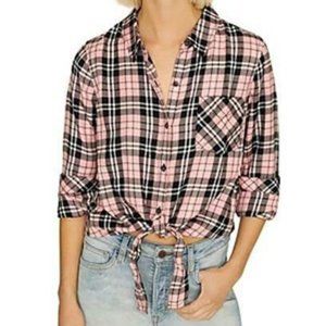 Sanctuary Womens Plaid Tie-Front Button-Down Top